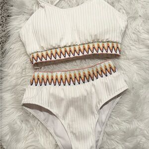 White Two-Piece Swimsuit with Colorful Zigzag Trim